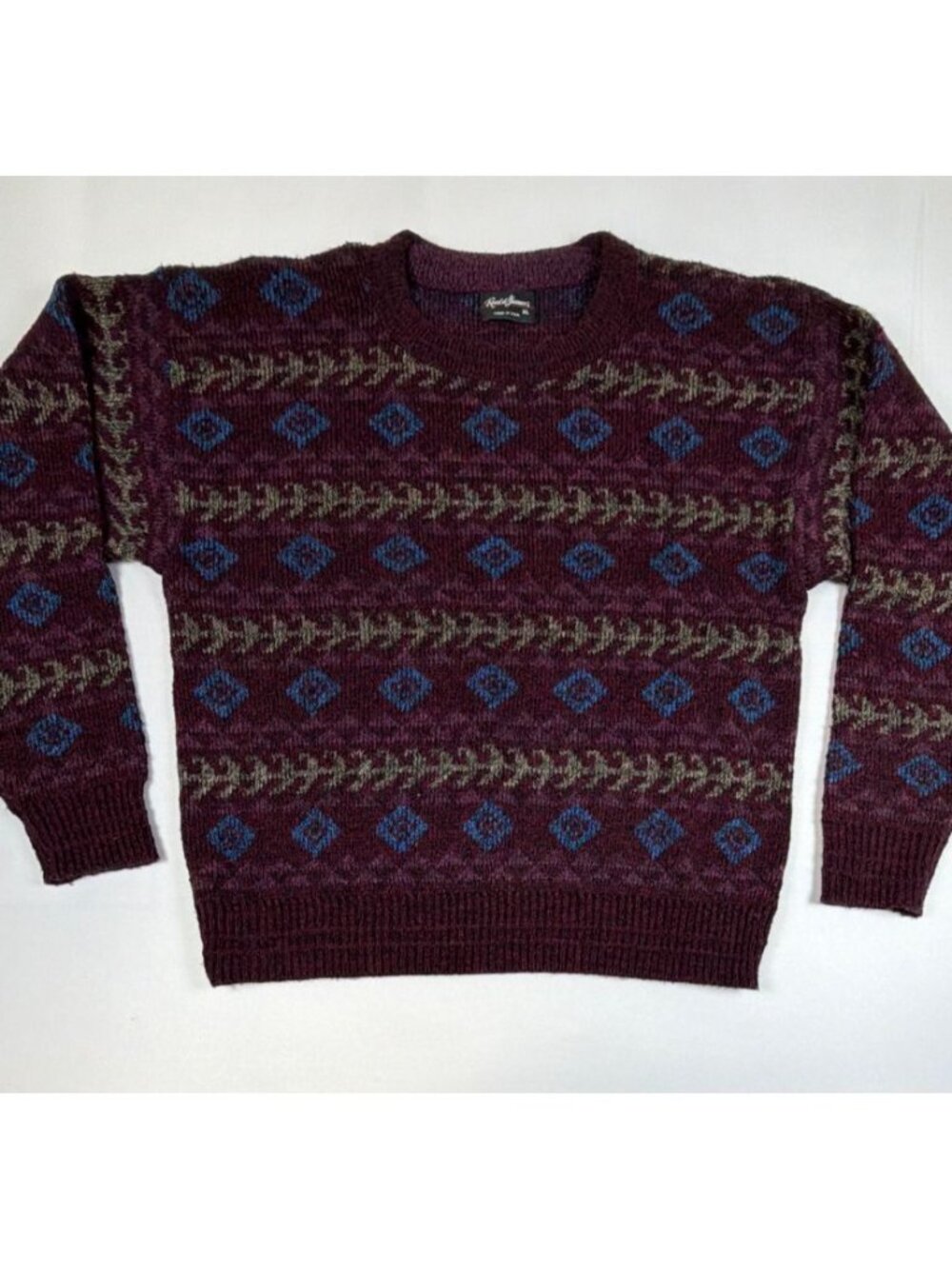 Vintage Reed St James Men XL Abstract Geometric Knit Sweater Purple Made in USA